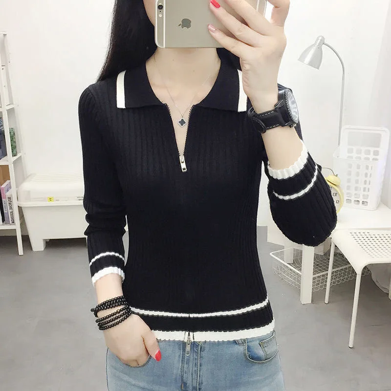 Autumn Spring Style Women Knitted Pullover Tops Lady Casual Zipper V-Neck Knitted Pullover Sweater ZZ0972