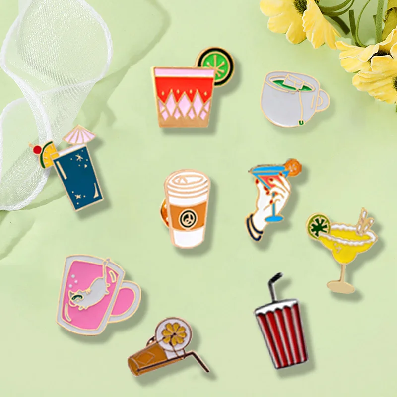 Summer Beach Fashion Cartoon Enamel Pins Fruit Juice Coffee Wine Tea Cup Brooch Denim Jackets Badge Brooches for Women Jewelry