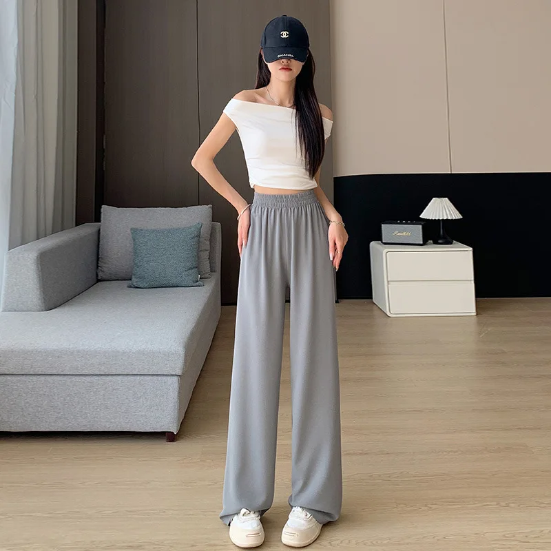 Ice Silk Wide-Leg Pants Women Cool Sweatpants Summer Thin Pleat Loose Straight Pants Office Lady Casual Long Trousers NS5856