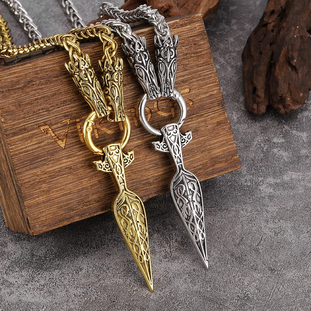 

Vintage Bold Celtic Wolf Necklace | Viking Vegvísir Amulet Spear Pendant | Norse Rune Chain Jewelry | Never Fade