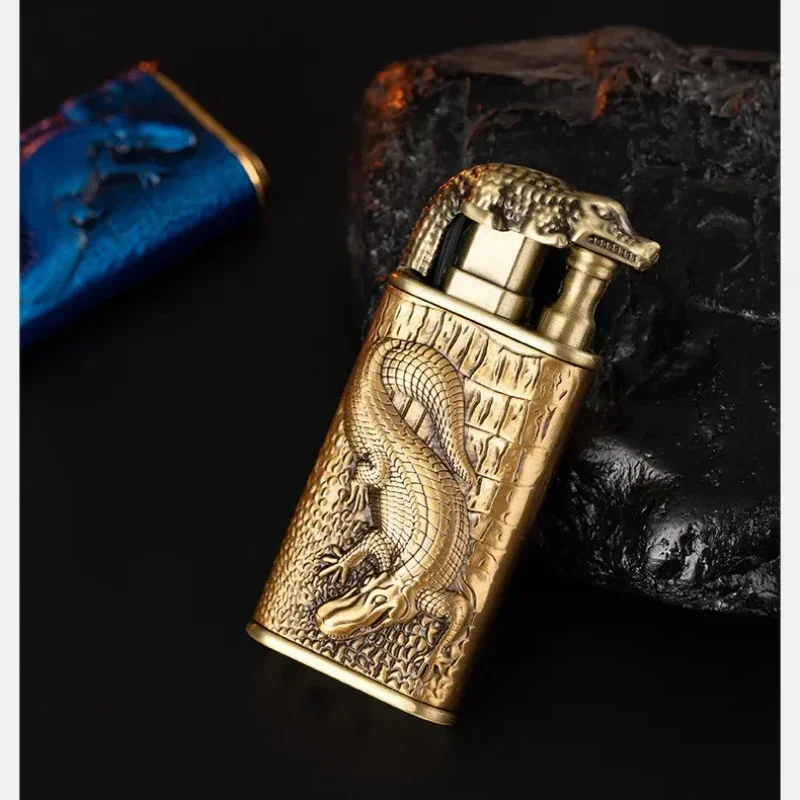 NEW Creative 3D Embossed Crocodile Double Fire Lighter Metal Windproof Jet Fire Open Flame Convertible Gas Lighter Gift