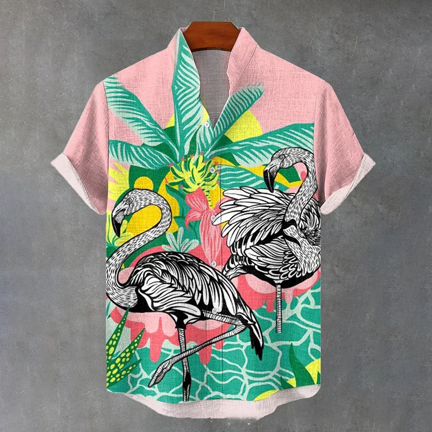 

Hawaiian fashion new men's short sleeve shirt flamingo print men's stand collar top large size casual comfortable men's shirt