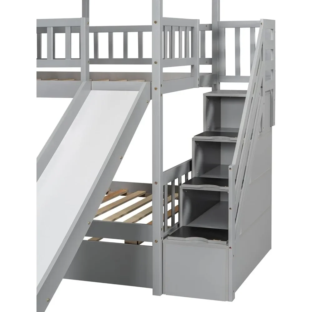 Kids Twin Over Twin Bunk Beds with Slide and Trundle, Solid Wood Bunk Bed Frame with Stairs and Storage, Playhouse Bunk Bed