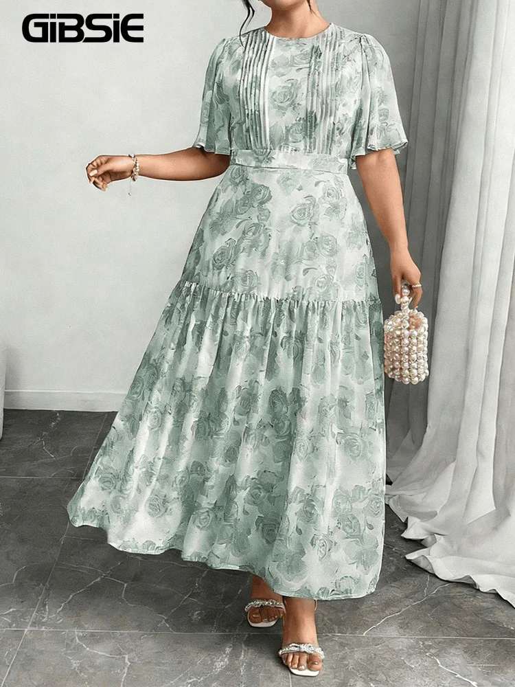 

GIBSIE Plus Size Fashion Printed Butterfly Sleeve Dress Women 2026 Summer O-Neck Pleated High Waist Ruffle Hem Long Dresses