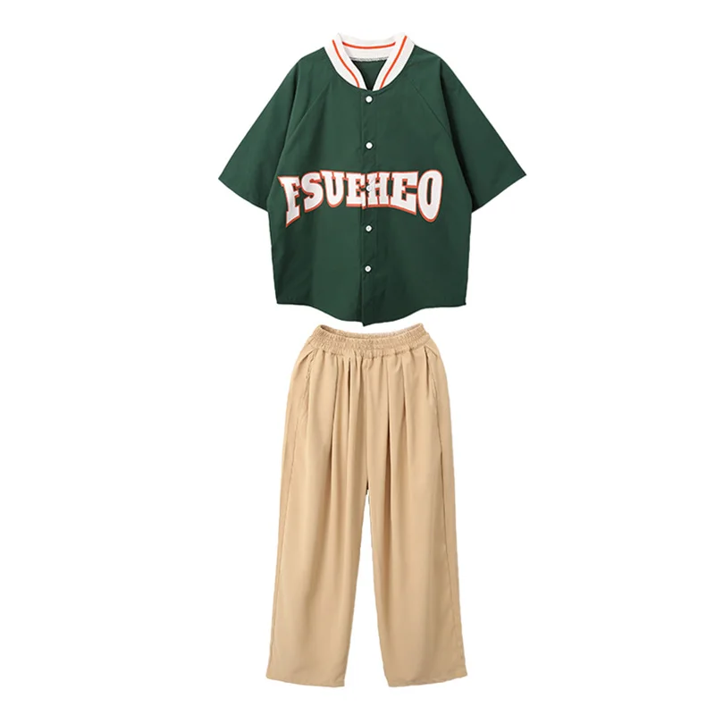 Kid Hip Hop Clothing Dark Green Oversized Cardigan Baseball Shirt Top Khaki Wide Casual Pants for Girl Boy Dance Costume Clothes