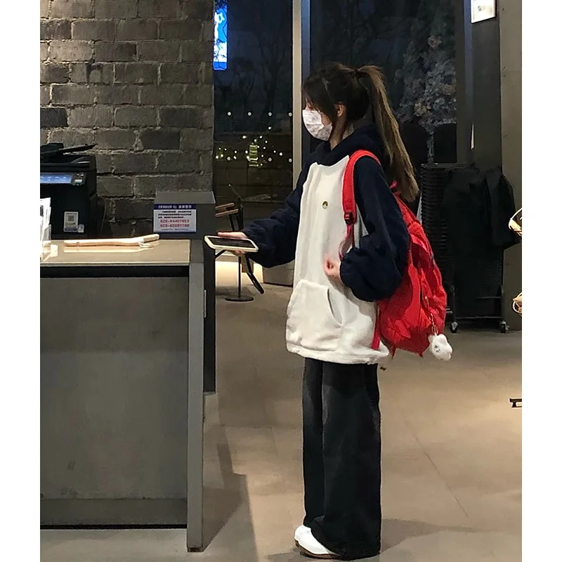 레트로 아메리칸 컬러 블로 후디 여성용 봄 가을 오버사이즈 커플 트렌디 숄더 스웨트 인서트 디자인