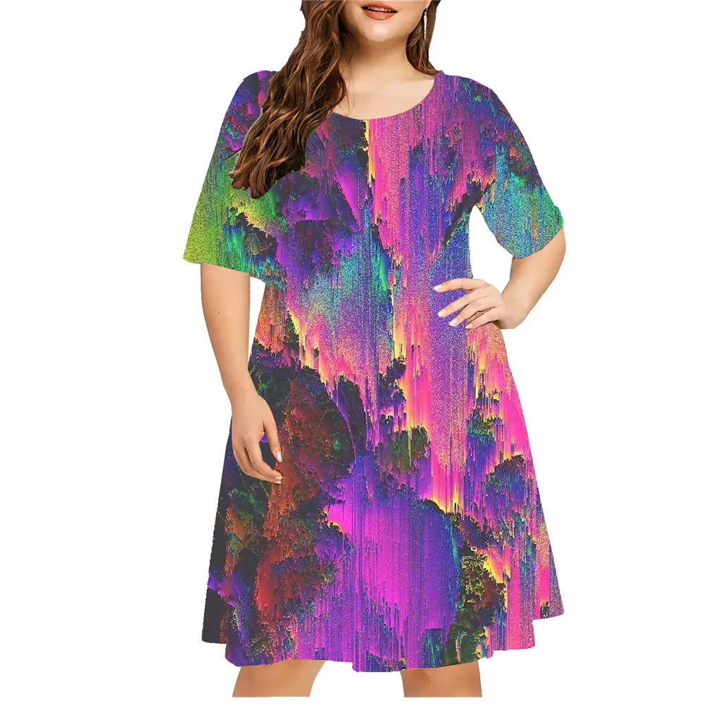 Abstrakcyjny Gradient Tie Dye Malowana Sukienka Damska Lato 2024 Retro 3D Print Luźna Sukienka Casualowa Moda Plus Size Odzież Damska 9XL