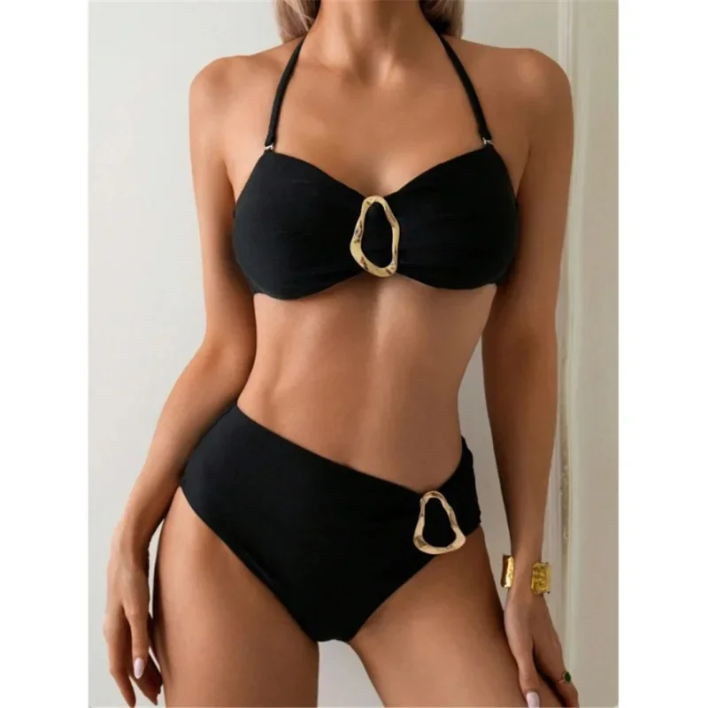 

Купальники с металлическим кольцом и лямкой на шее, женские однотонные бандажные бикини с открытой спиной и высокой талией, купальный костюм из двух частей, сексуальная женская пляжная одежда для плавания