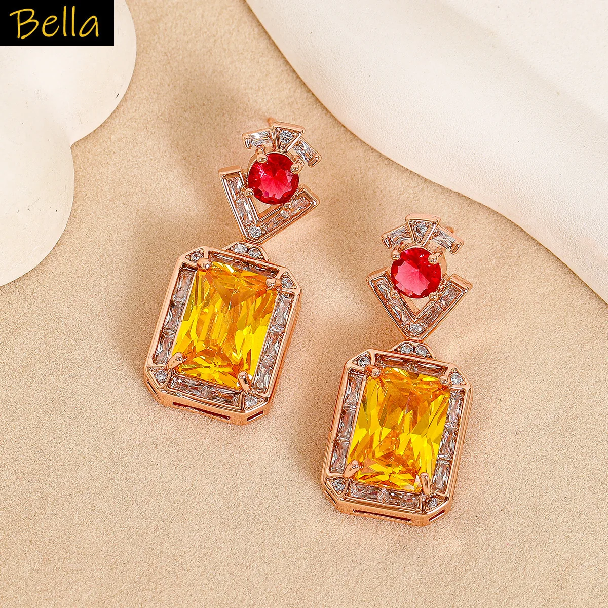 

2025 new trendy earrings yellow block drop pendant zircon crystal luxury jewelry wedding bride earrings evening party women gift
