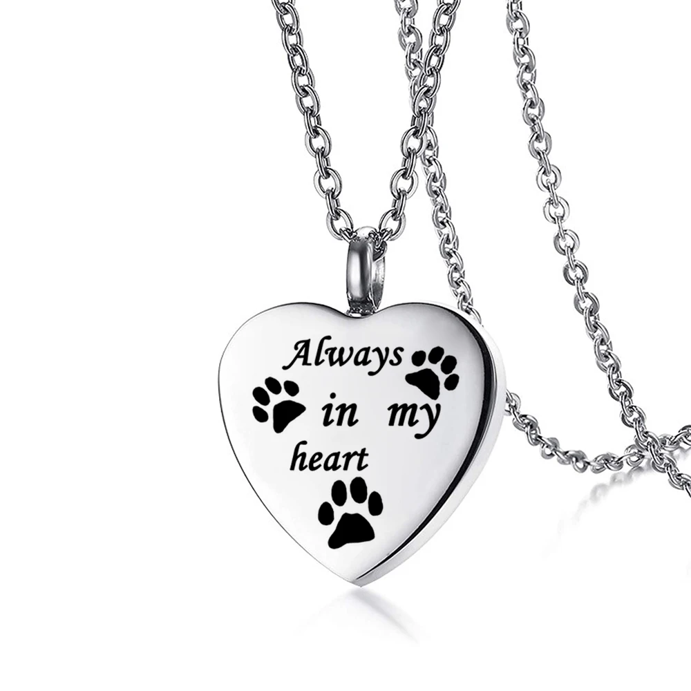 Cremation Jewelry for Ashes Always in my heart Stainless Steel Heart Pet Paw Keepsake Pendant Memorial Urn Necklace