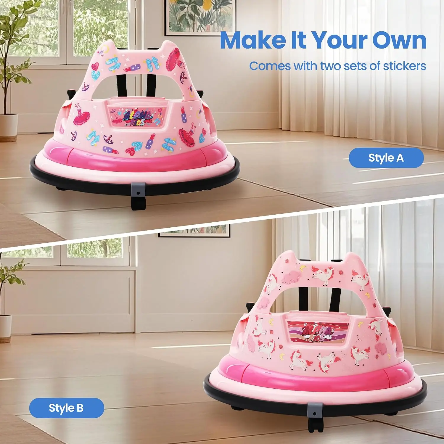 12V Toddler Electric Bumper Car Kids Ride On Toy Parent Remote 360 Spin Lights Sounds 2 DIY Stickers 2 Speed Pink