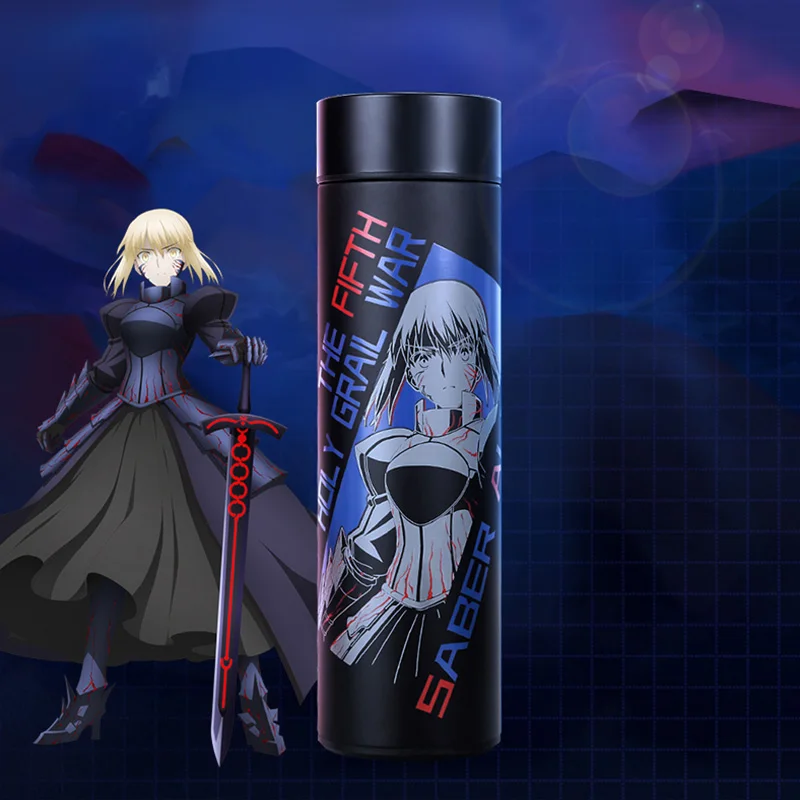 Fate Stay Night Heaven\'s Feel Saber Alter FGO FSN Thermos Steel Water Bottle LED Display Temperature Sensing Cup Action Figure