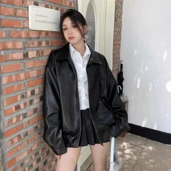 Vintage Leather Jacket Women's 2024 New Spring High-end Loose Lapel Pu Leather Jacket Top Loose Long Sleeves
