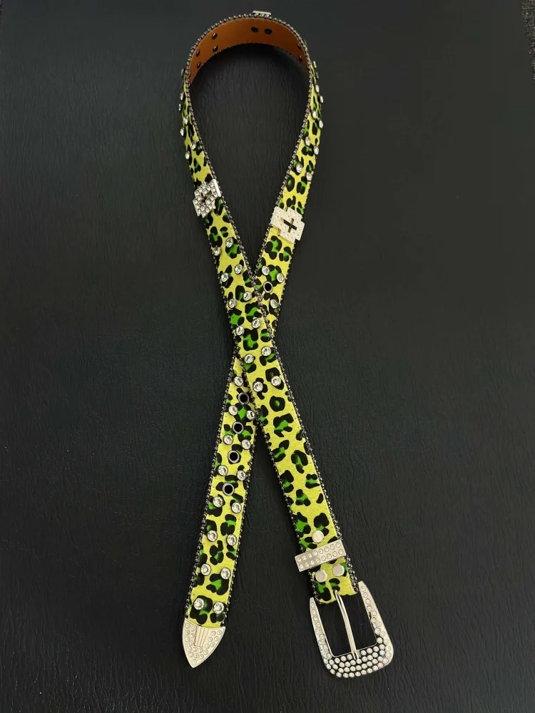 高品質グリーンヒョウ柄リベットダイヤモンドデザインクロスウエストベルトレトロストリートファッションパンクスタイルメタルバックル