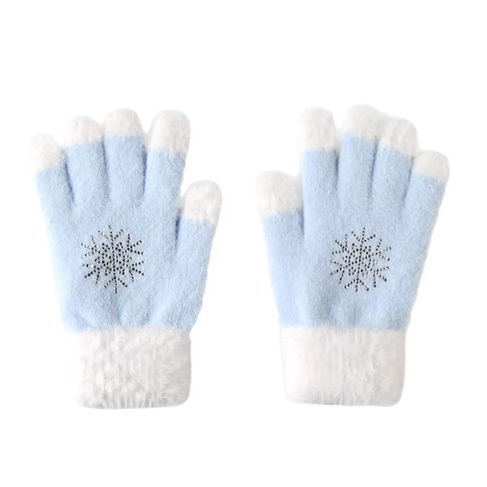 Full Finger Snowflake Knitted Gloves Polyester Windproof Faux Mink Gloves Rhinestone One Size Thick Warm Winter Gloves