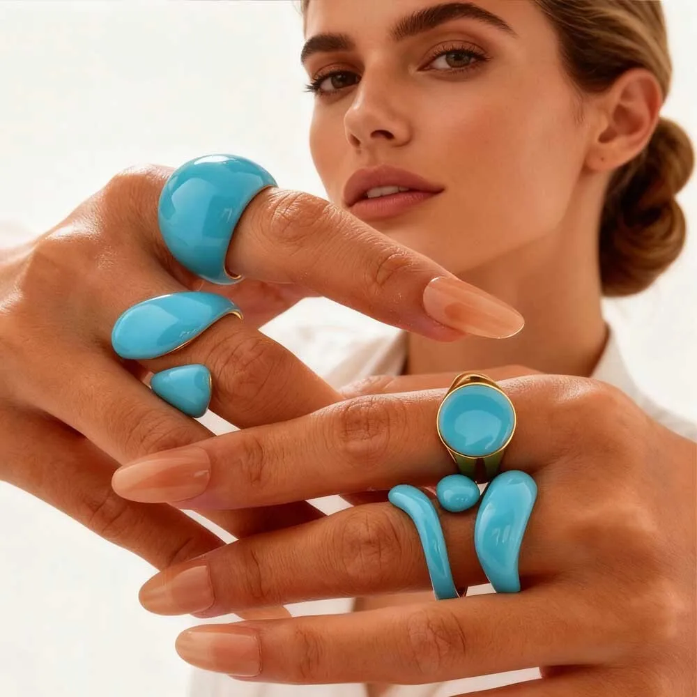 

Chunky Open Twist Stackable Rings for Women, Sky Blue Color Bold Enamle Crossover Statement Ring Band Waterproof