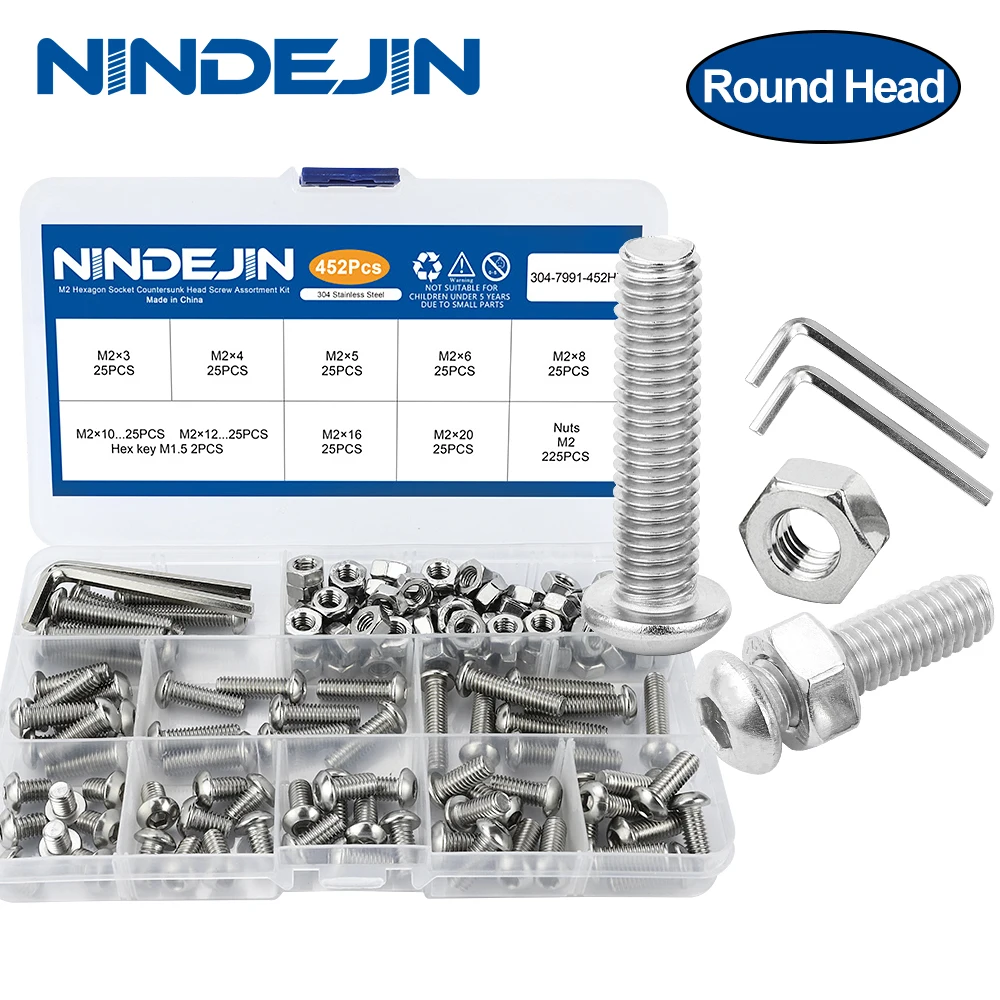 NINDEJIN round head hex hexagon socket screw set m2 m2.5 m3 m4 m5 m6 stainless steel allen head bolt and nut screw kit