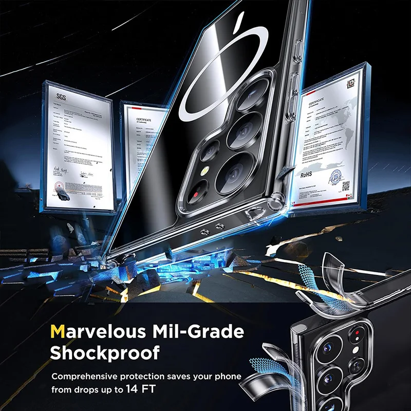 جراب هاتف مغناطيسي شفاف for Magsafe لسامسونج جالاكسي S24 23 22 Ultra Plus شفاف مقاوم للصدمات غطاء خلفي للشحن اللاسلكي