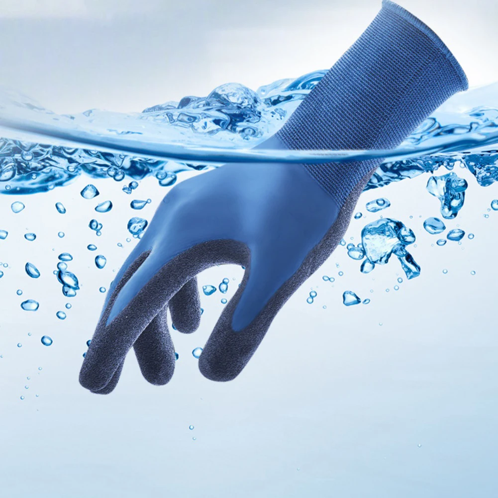 

For Outdoor Fishing Thick Work Gloves Winter Hiking Blue Fishing Gloves With Grip Palm Puncture Resistant Glove Latex Coating