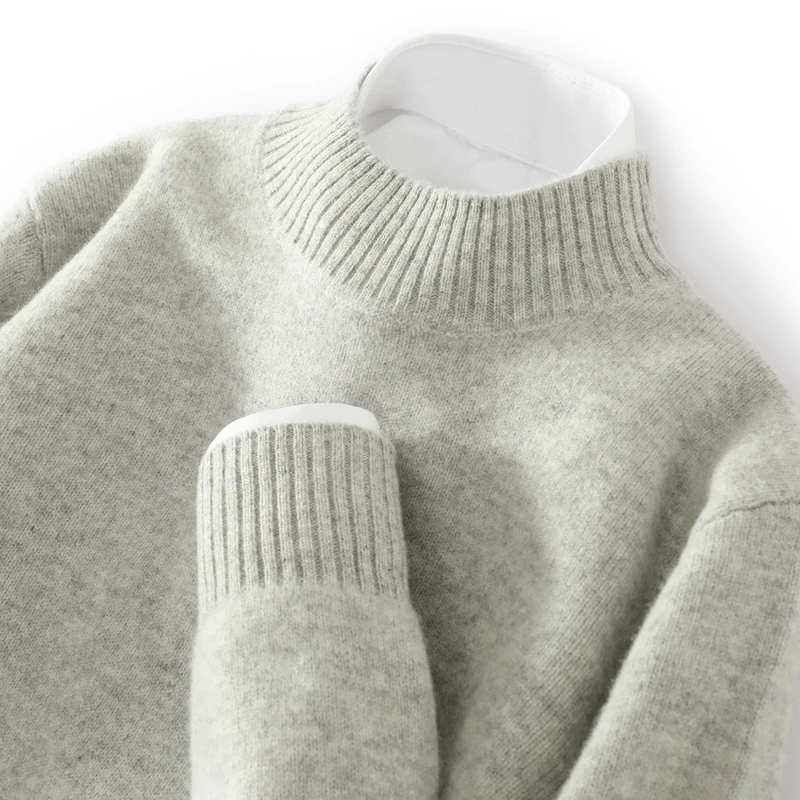 Autumn And Winter Men's New 100% Wool Sweater Thick Semi-High Neck Pullover Casual Loose Knit Bottoming Shirt