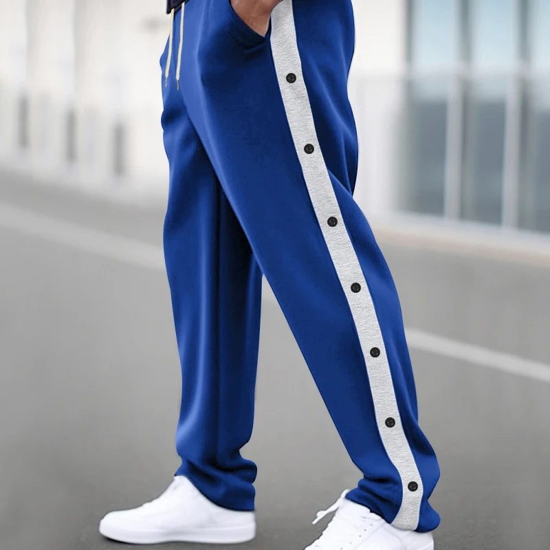 

Fashion Stitch Color Loose Pocket Sweatpants New Autumn Casual Straight Long Pant 2024 Vintage Men's Button Drawstring Trouser