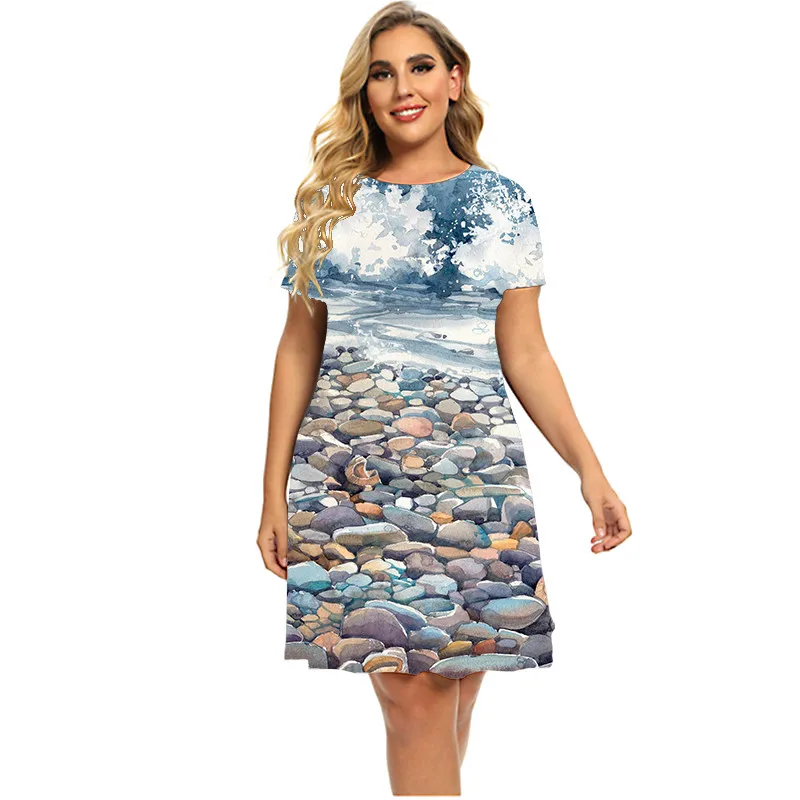 Landscape Stone 3D Printed Dress Women Scenery Short Sleeve Loose Dress Fashion Summer Beach On Vacation Dress Plus Size 5XL 6XL