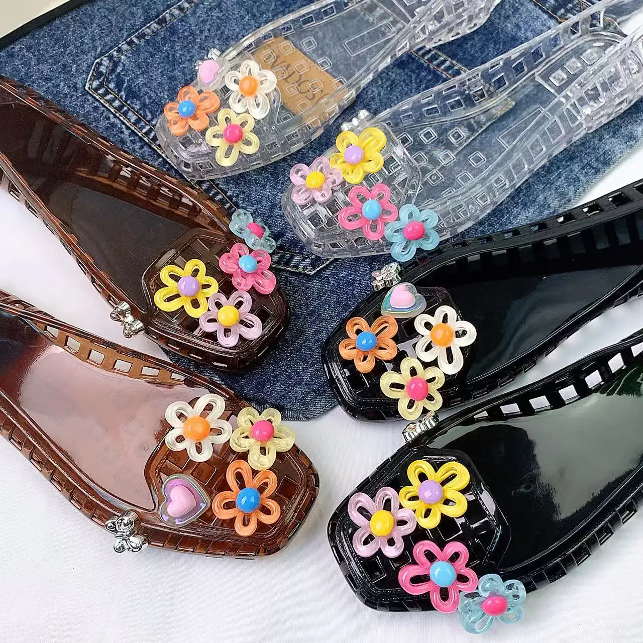 Fashionable Women's Shoes Jelly Crystal Shoes Women's Shoes Rainbow Flower Set Accessories Crystal Shoes Sandals Jelly Shoes Slip-On Slippers view 5
