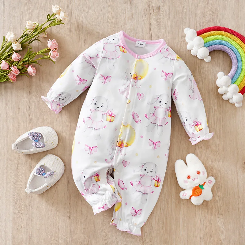 

Sweet Baby Jumpsuit Long Sleeved Single Breasted Clothes For Baby Girls In Spring And Autumn Cute Printed Bunny
