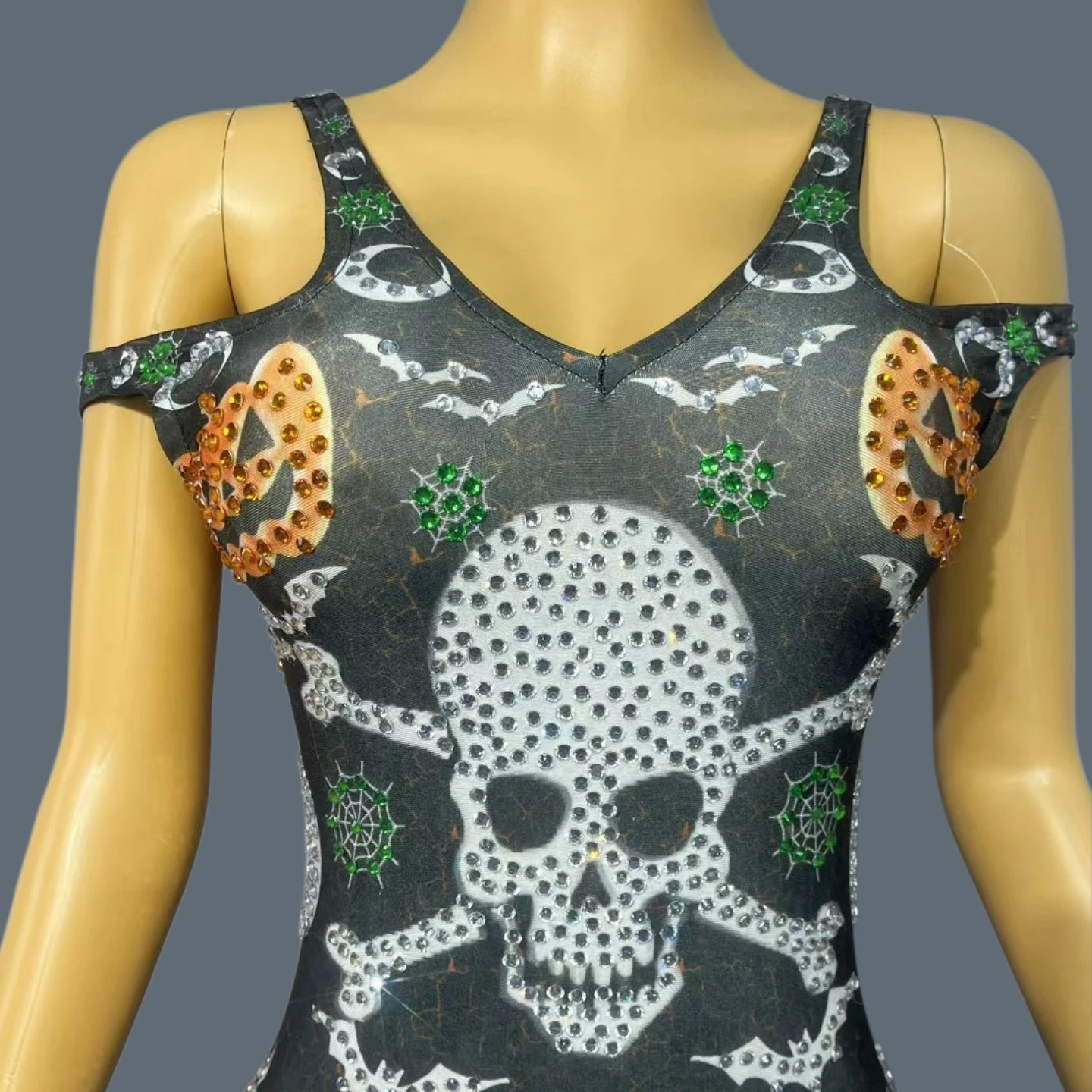 Halloween Dress-up Skull Pumpkin Printing Bodycon Jumpsuit Festival Event Party Outfit Drag Queen Performer Sexy Wear Xiaonangua