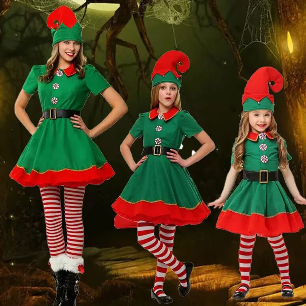 

Green Christmas Elf Costume Set Festival Santa Clause for Adult Kids New Year Chilren Clothing Fancy Novelty Xmas Party Dress