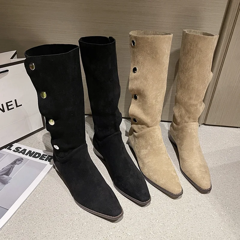 

Pointed Toe Suede Chunky Heel Ultra High Heel Mid-Calf Western Cowboy Boots Mid-Calf Slouchy Riding Boots Warm Winter