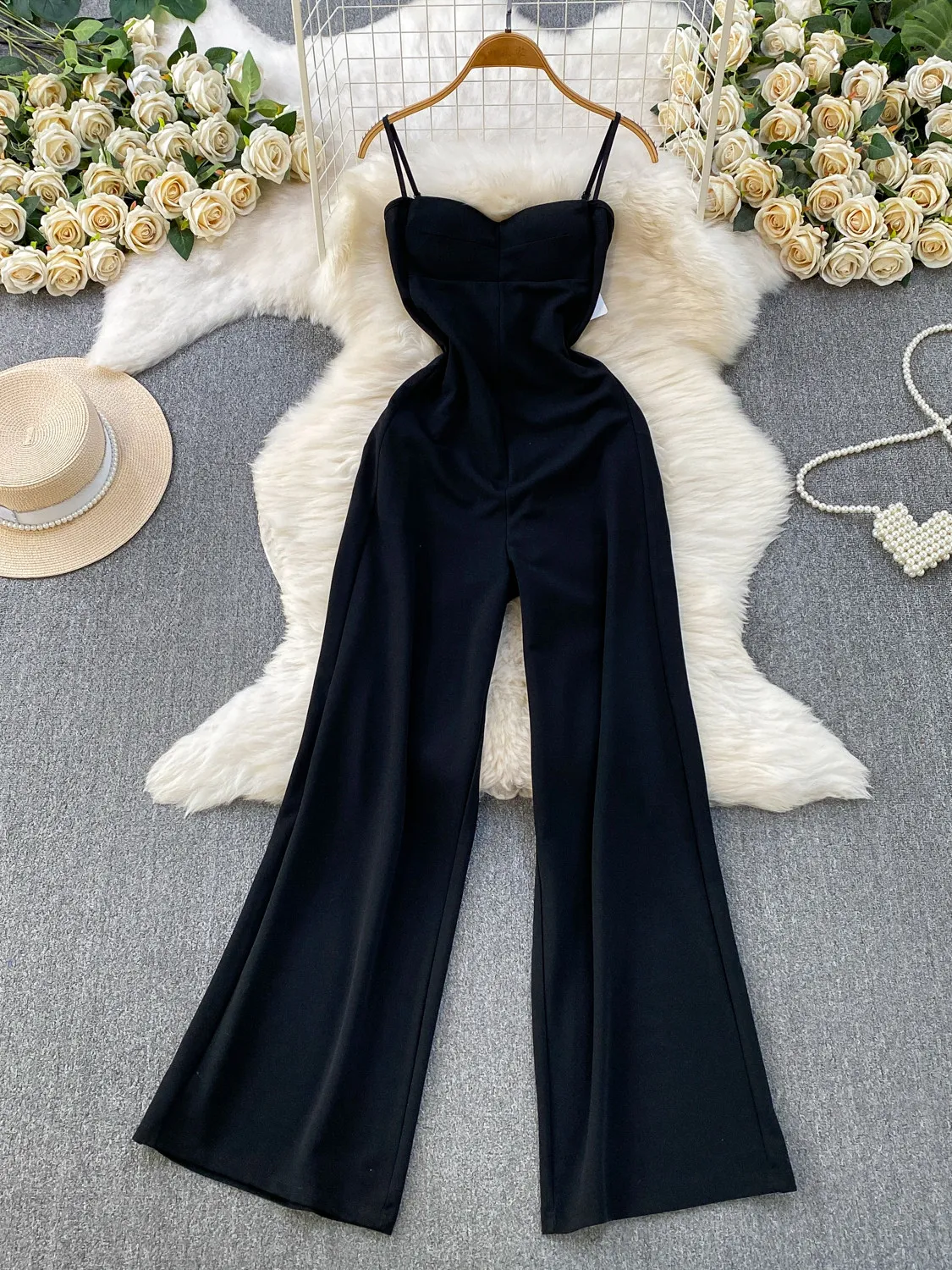 

Women's Black Tube Strap Jumpsuit Y2k Gyaru Tank Top Bodysuit French Elegant Sexy Backless Slim Wide Leg Romper for Women Summer