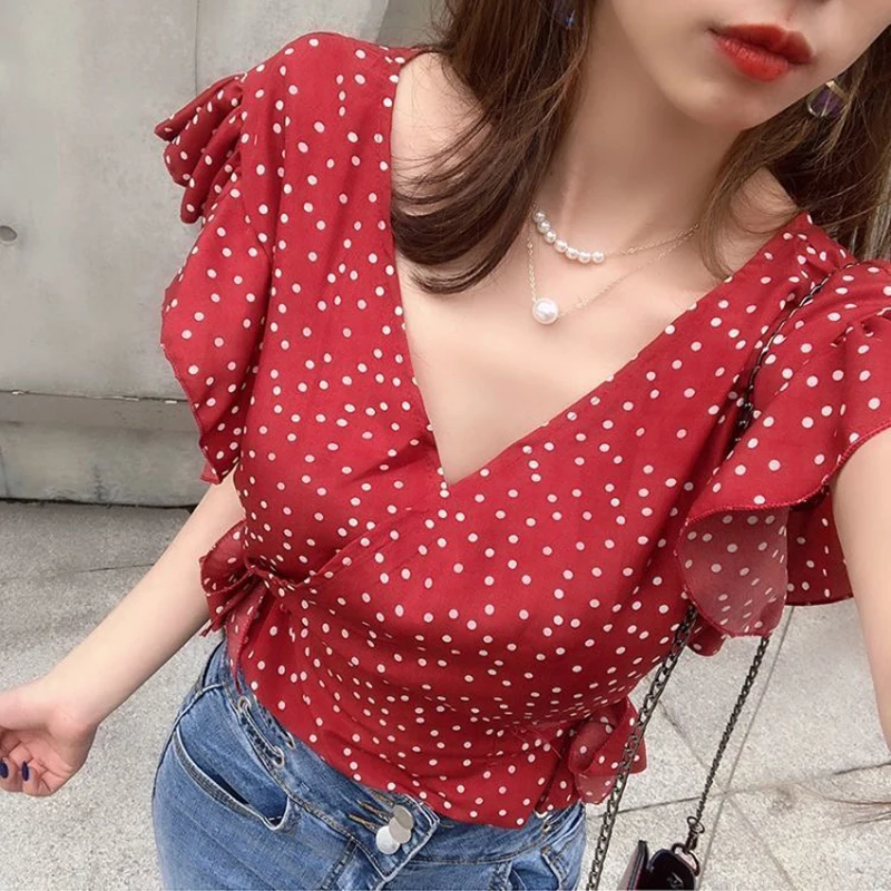 Rimocy Polka Dot Sexy Deep V Neck Shirts Women 2024 Summer Ruffles Sleeveless Crop Tops Woman Slim Fit Chiffon Blouse Female