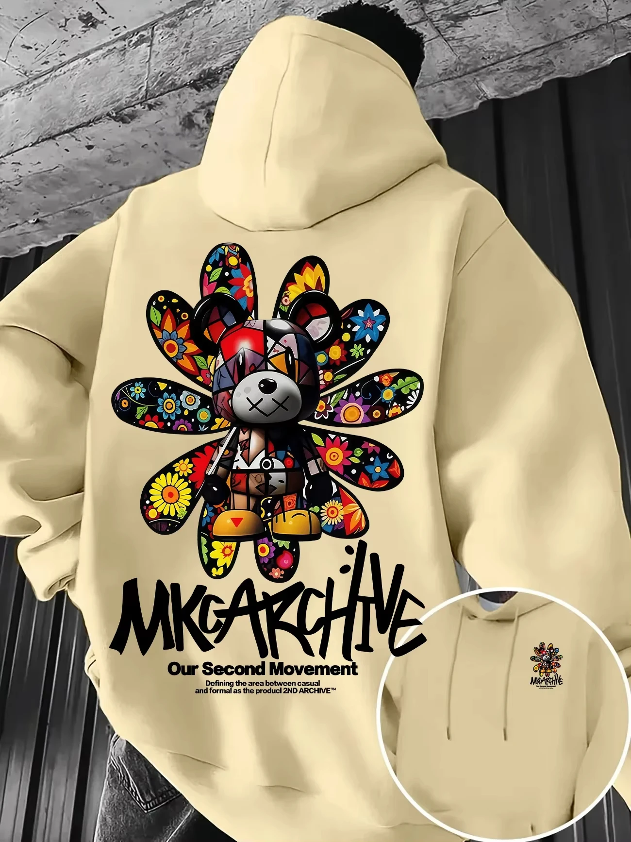 Herren-Freizeit-Sweatshirt mit Kapuze, bunter Pullover mit Blumen- und Bären-Graffiti-Print, warmes, lockeres Streetwear-Oberteil für Herbst und Winter, ideal für den Außenbereich. – Detail 12