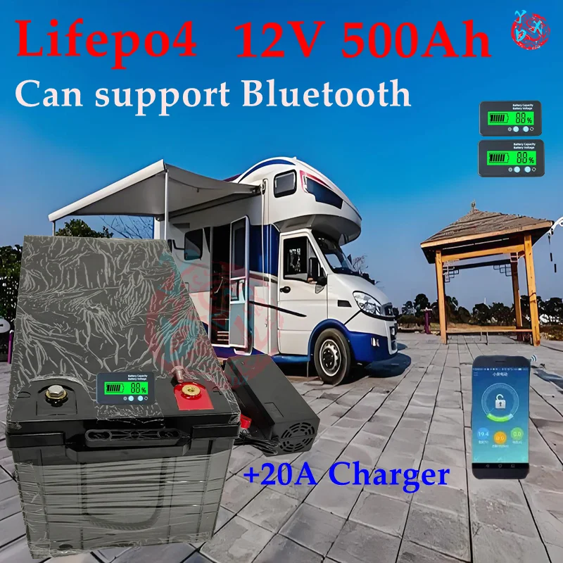 waterproof 12V 500AH Lifepo4 battery lithium bluetooth BMS APP 4S 12.8V 500Ah for golf cart Solar Storage boat +20A charger