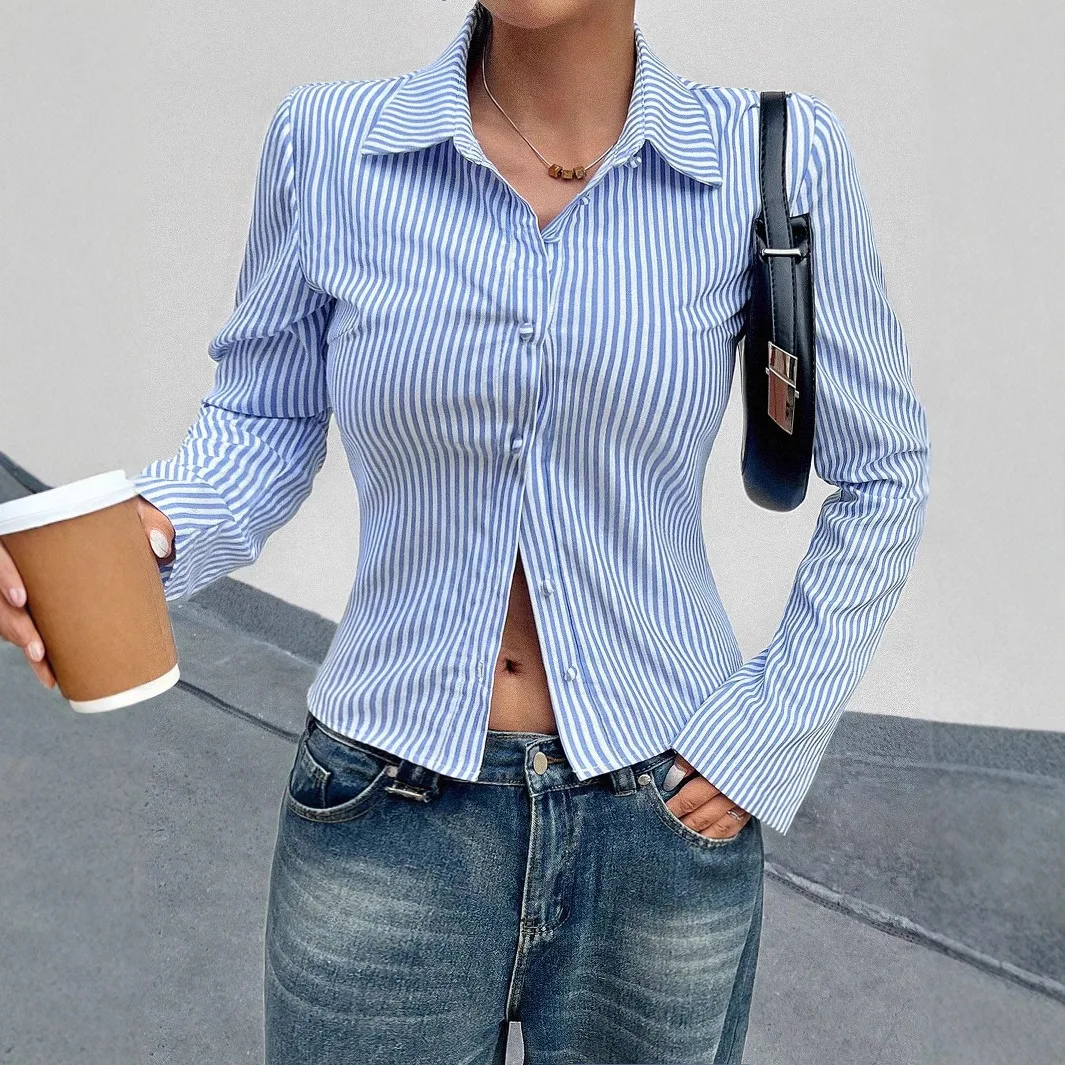 

Casual Versatile V-neck Blue White Striped Print Long Sleeved Shirt Top Button Slim Long Sleeve Streetwear Office Lady Blouse