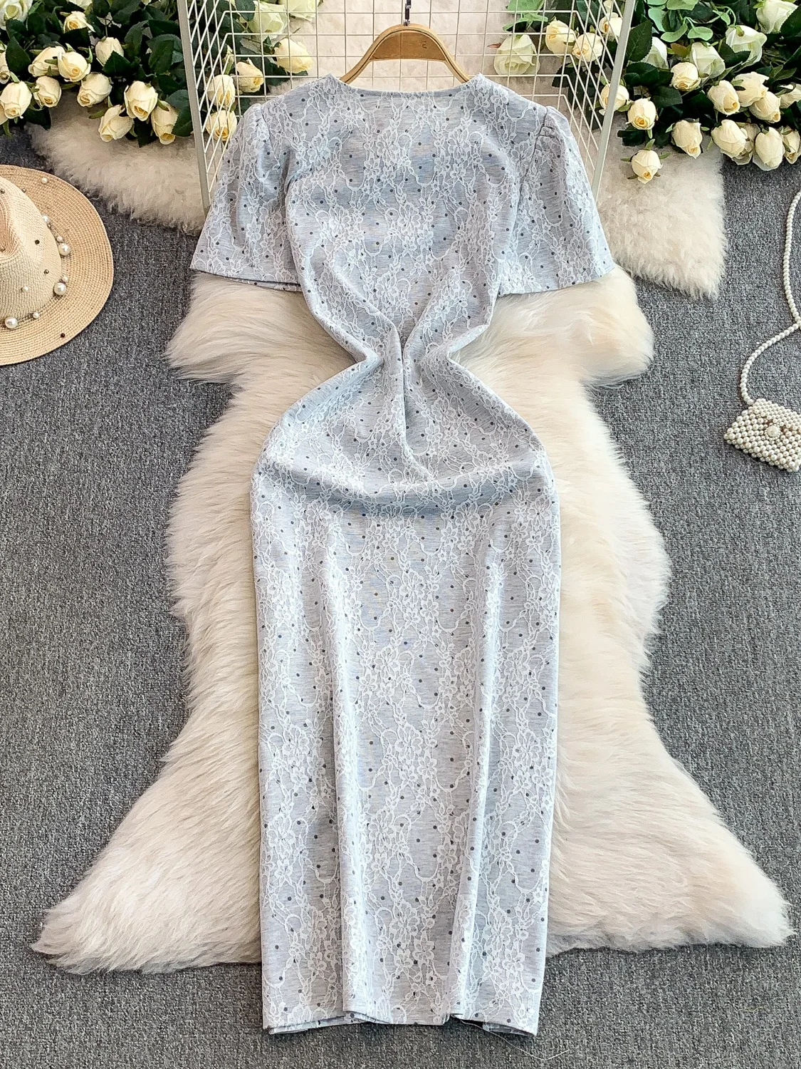 Sexy v-ne bulle Sve longue Dr femmes été lourd broderie dentelle jupe moulante taille haute paillettes scintillantes trajet Sle