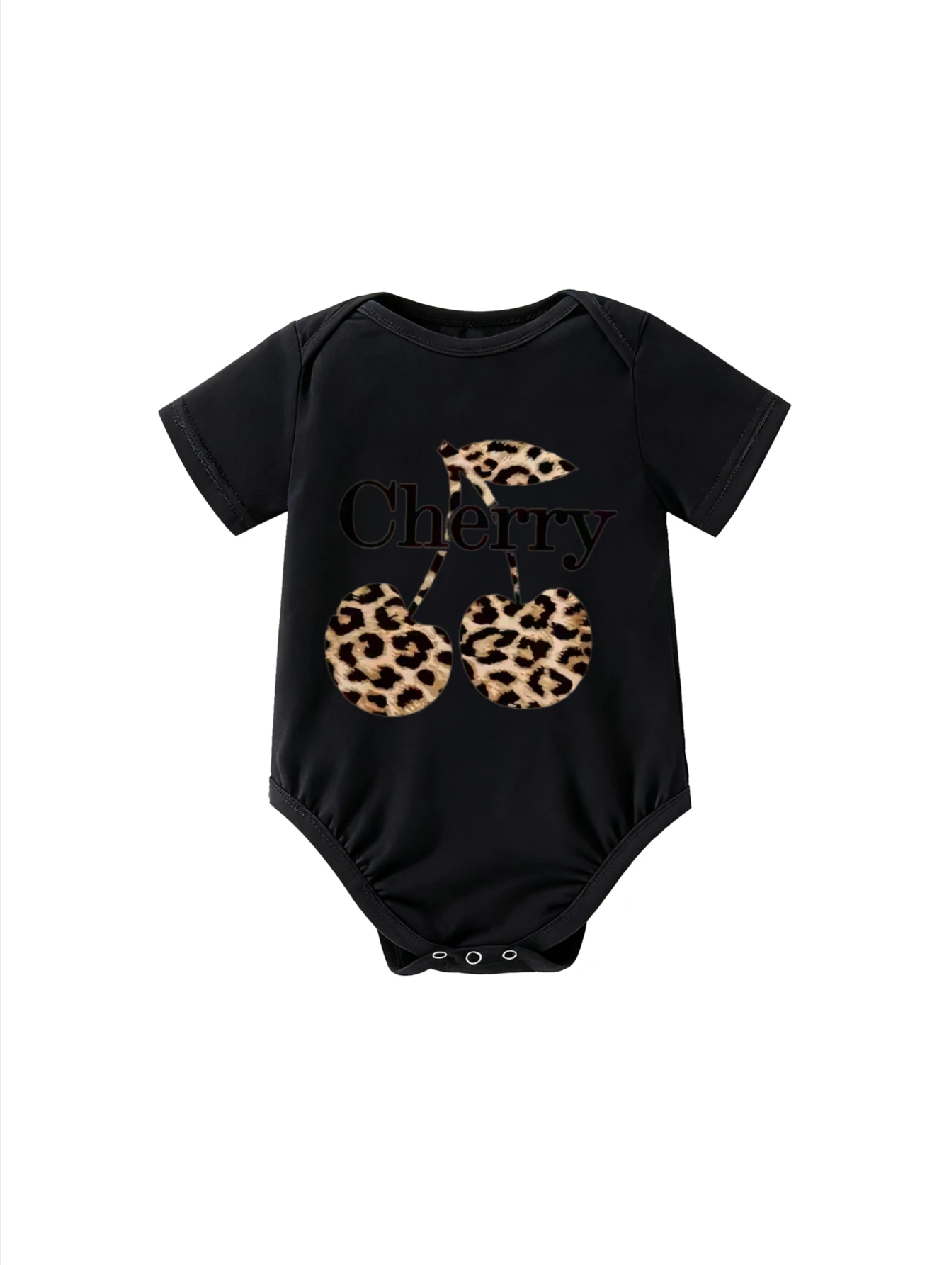 

Childrens Bodysuit Black Short Sleeve Cherry Leopard Print Unisex For Baby Boys Girls Soft Cotton Casual Wear