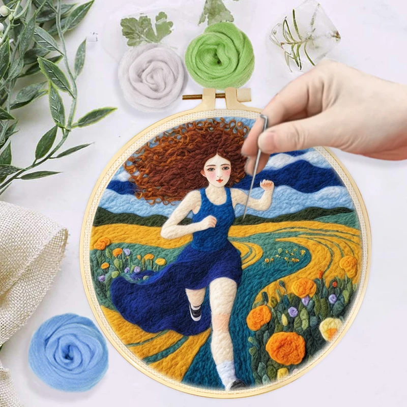

CHENISTORY Wool Felting Painting Kit With Embroidery Kit Girl Funny Diy Felt Needle Wool Painting 20X20cm Frame Home Decor Gift