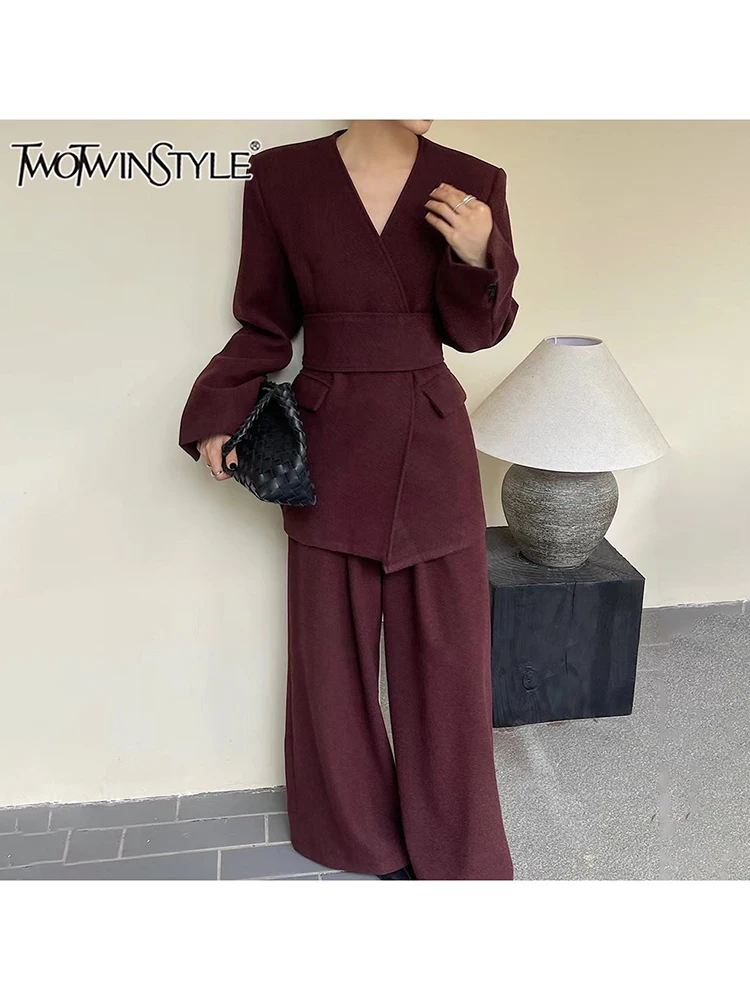 TWOTWINSTYLE Solid Casual Two Piece Set For Women V Neck Spliced Sashes Coat High Waist Wide Leg Pant Sets Female Fashion New