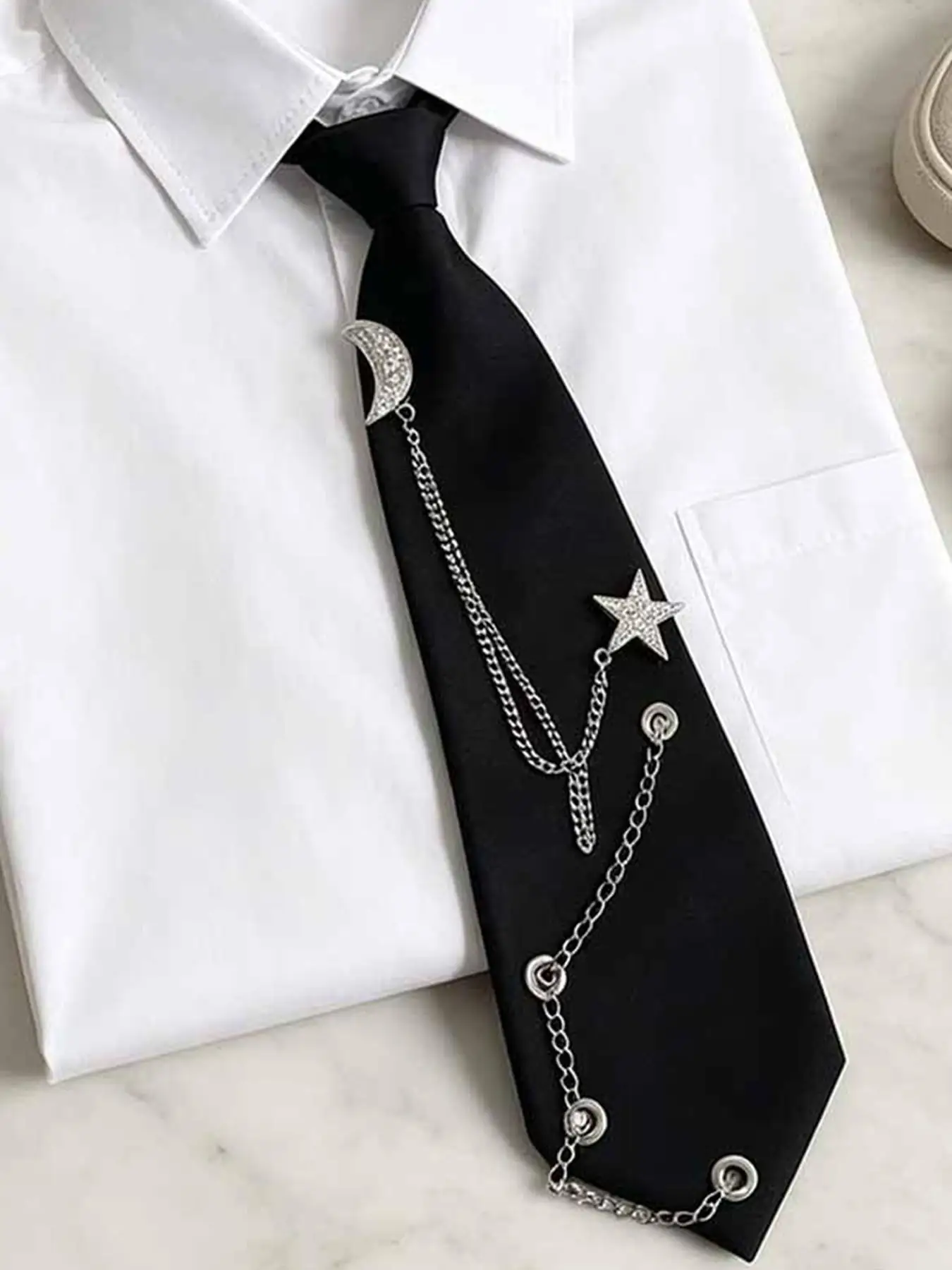 Pre-Tied Star Moon Rhinestone Tie, Metal Chain, Dark Sweet Cool Style, Adjustable Design, Perfect for Jk Uniform, Punk, Daily We