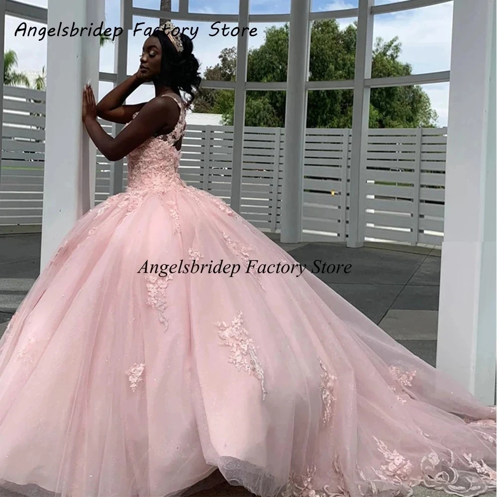 Angelsbridep-vestido de baile com o pescoço, vestidos Quinceanera, apliques de renda sem mangas, costas abertas, doce 15, vestido de festa