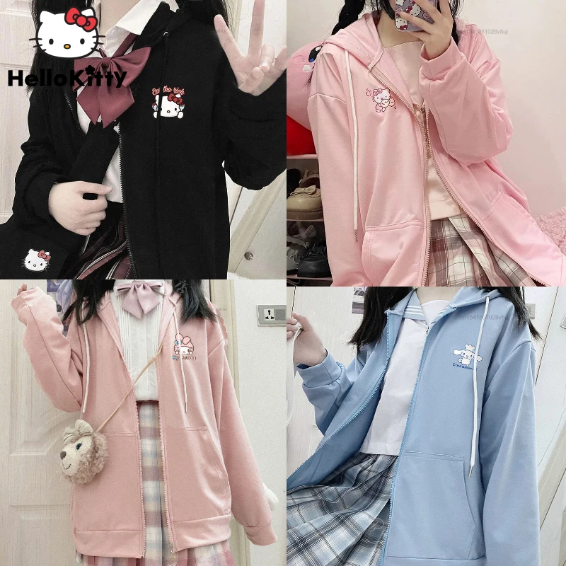 Sanrio Hello Kitty Zip Up felpa con cappuccio Y2k My Melody Kawaii abbigliamento Casual Cute Cinnamoroll Cardigan allentato con cappuccio donna