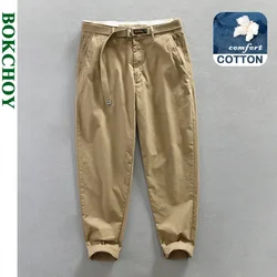 Spring New Casual Trousers for Men Comfortable Cotton Solid Color Loose Men Clothing with Belt AZ617