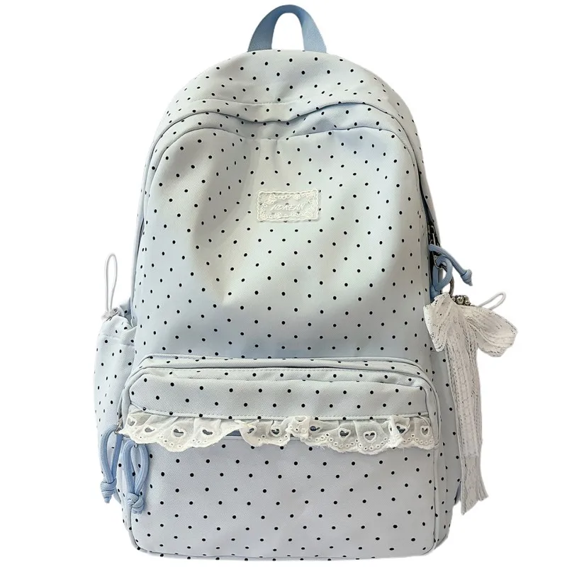 Polka Dot Student Bookbag for Teen Girls Nylon Lace Pendant Cute Multiple Pockets Campus School Style
