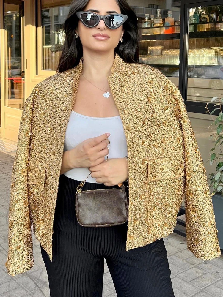 Gold Sequin Jackets Women Vintage Fashion Coat Female Elegant Chic Single Breasted Outerwear Lady High Street Stand Collar Coats