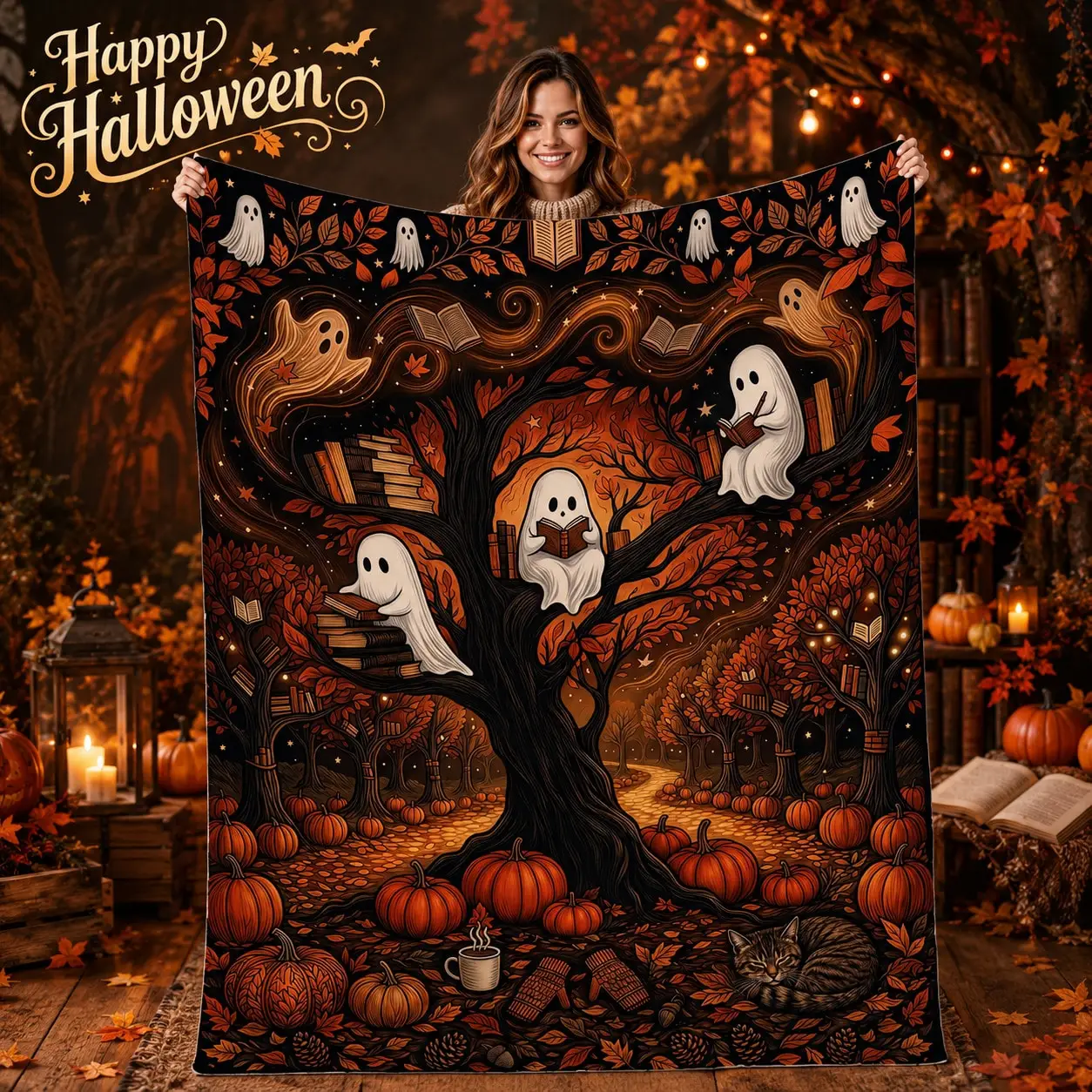 Halloween Flannel Blankets & Throws Ghost Reading Tree Pumpkin Story Night Sofa Throw Bed Blanket Living Room Bedroom Couch Office Travel Camping Nap Home Decor Holiday Gift for Mom Dad Sister Brother Wife Husband Grandma Grandpa Friend Anniversary