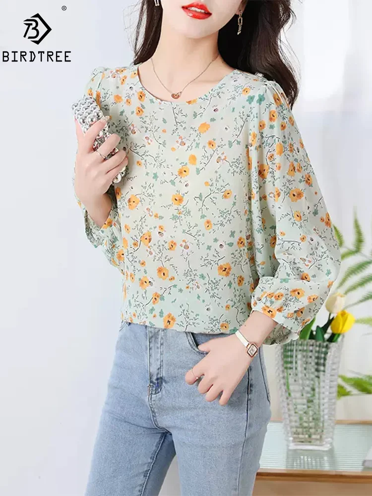 

Birdtree, 100%Natural Silk Woman 3/4 Sleeve Shirts, Printing Floral Loose Blouse, Elegant Mom OL Summer Autumn 2024 Top T46560QM