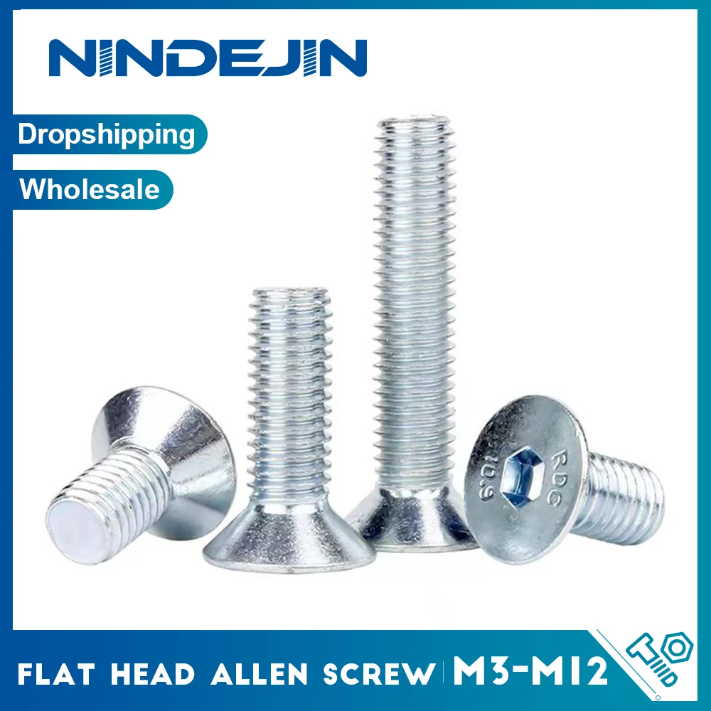 NINDEJIN مسدس المقبس غاطسة رئيس مسامير 10.9 الصف الأزرق الزنك الصلب M3-M16 عرافة المقبس شقة رئيس غطاء ألين المسمار DIN7991