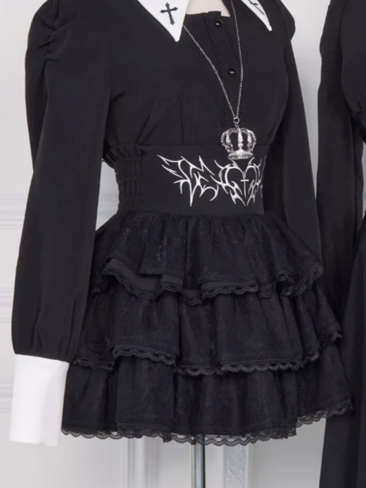 

Mine Series Mass-Produced Japanese Lolita Subculture Cross Embroidery Long Sleeve Shirt High Waist Mesh Puff Skirt Two-Piece Set